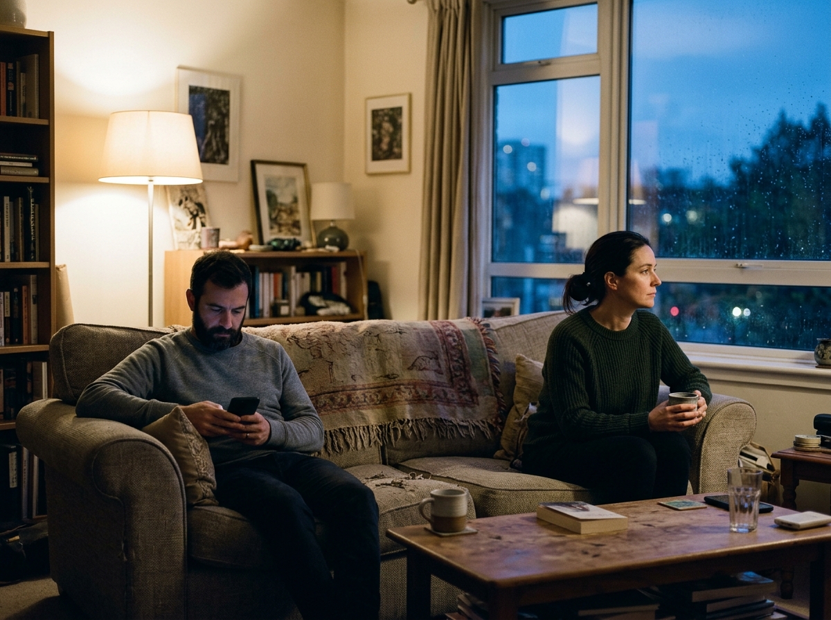 A couple sitting apart on a sofa in the evening