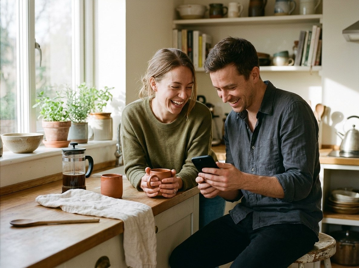 A couple laughing together in a kitchen